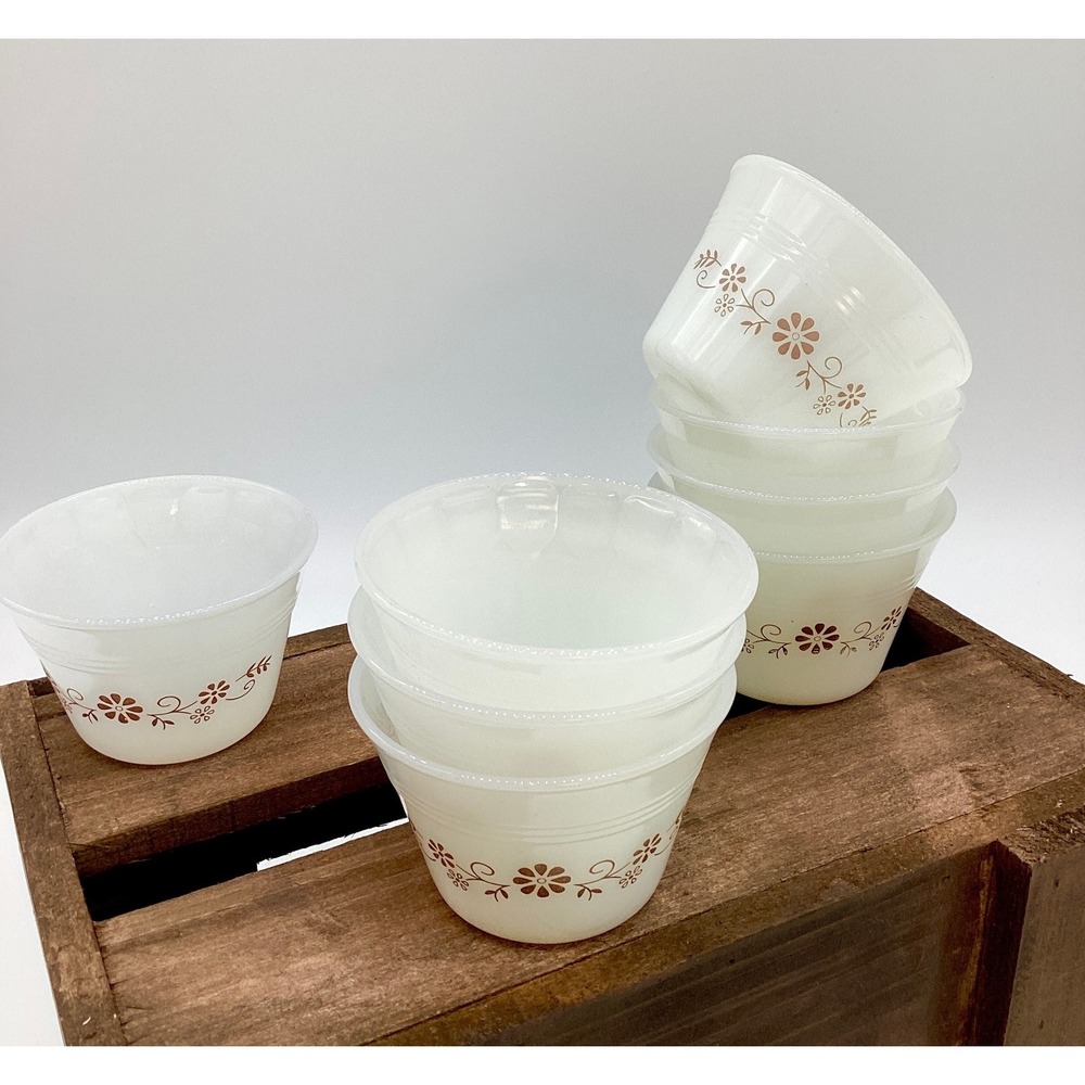 Vintage Milk Glass Custard Bowls, Set of 8 Brown Daisy Dessert Dishes (M5-16)